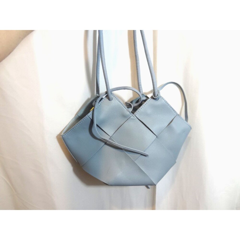 Pale Blue Woven Handbag light blue woven basket weave style shoulder bag